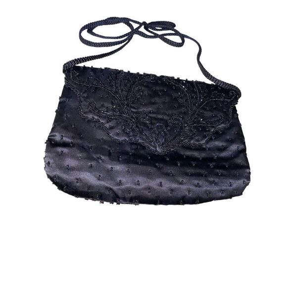 La Regale Vintage Black Satin Beaded Handbag Purse - Picture 5 of 10
